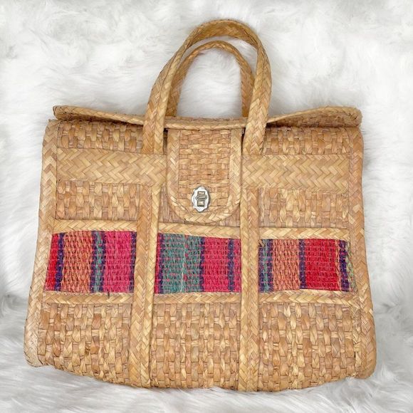 Vintage Handbags - Vintage Straw Raffia Beach Tote Large Boho